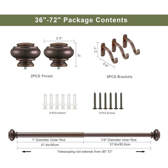 Vimayta Adjustable Curtain Rod 36-72" Matte Brown, 1" Heavy Duty Window Rod - Picture 6 of 6